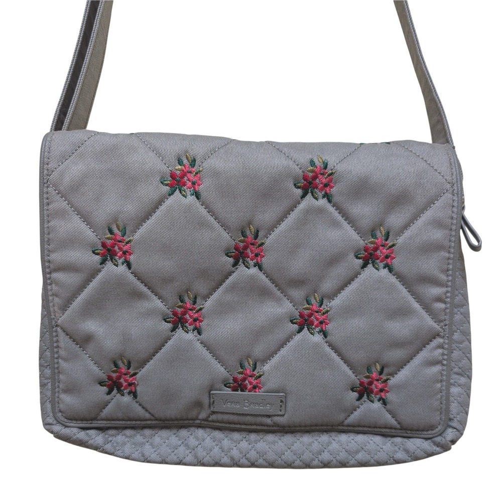 Vera Bradley Iconic Turnabout Denim Gray Pink Flowers Quilted Crossbody Purse